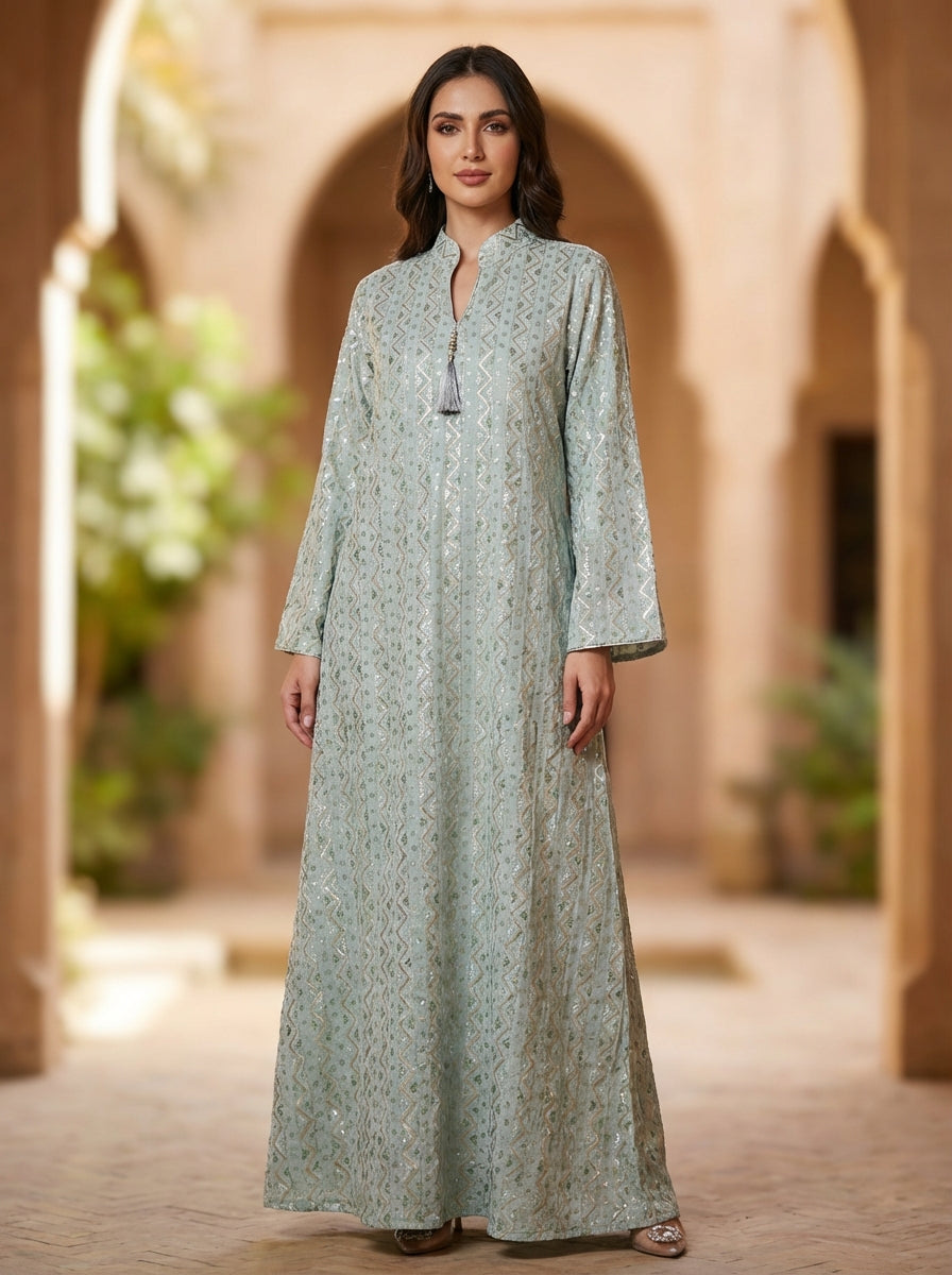 فستان ماكسي مطرز باللون الأخضر للنساء