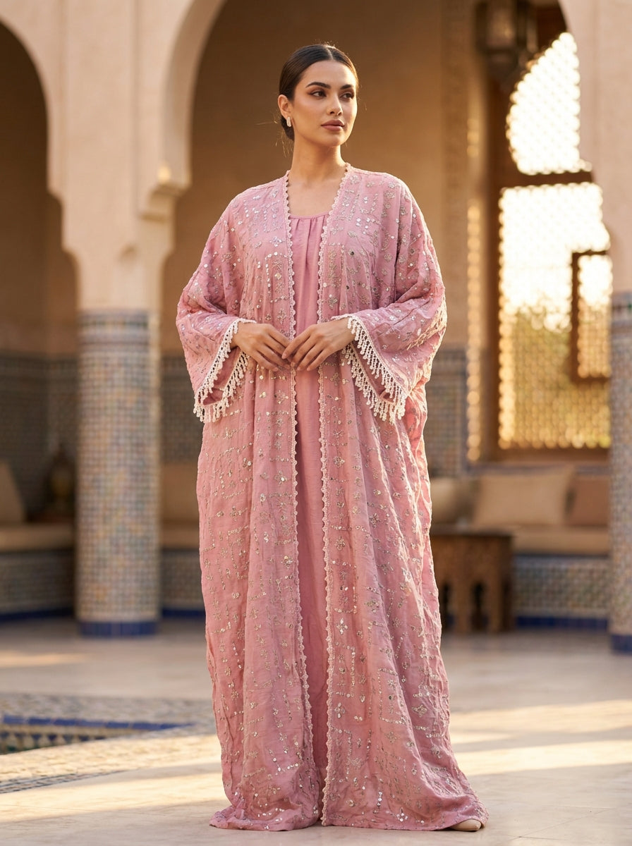 طقم عباية مزينة باللون الوردي الباهت للنساء - قفطان فاخر مفتوح مع فستان داخلي وتفاصيل من الترتر