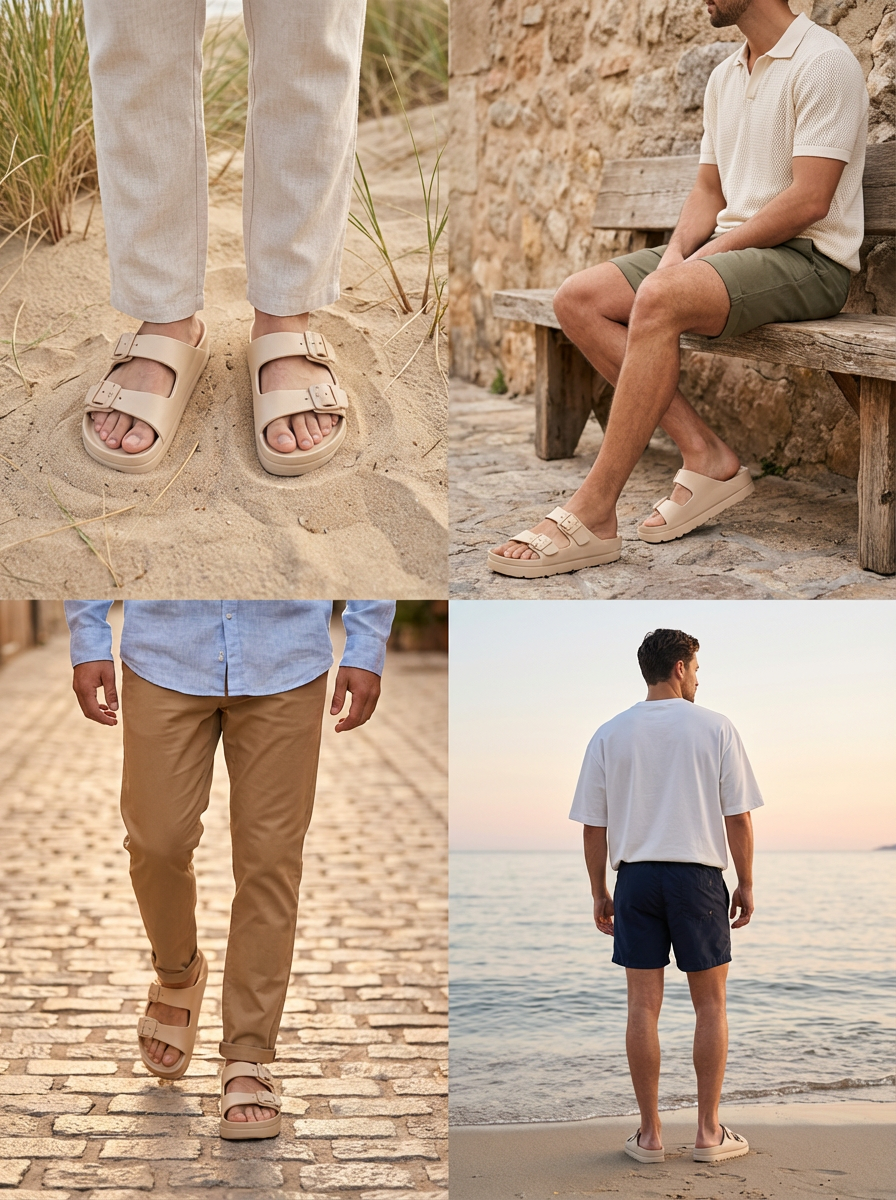 Beige Double Strap Sandals for Unisex  – Adjustable Buckle Comfort Slides