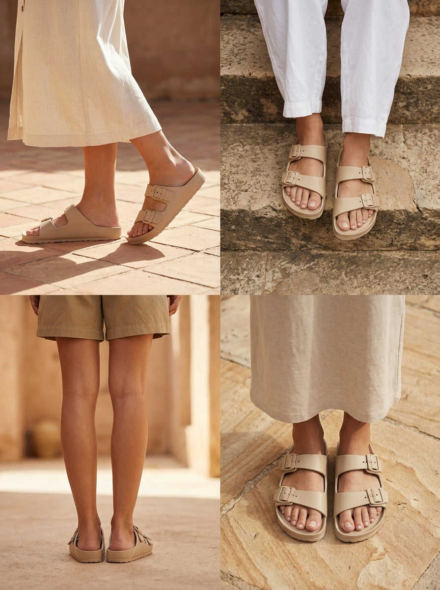 Beige Double Strap Sandals for Unisex  – Adjustable Buckle Comfort Slides