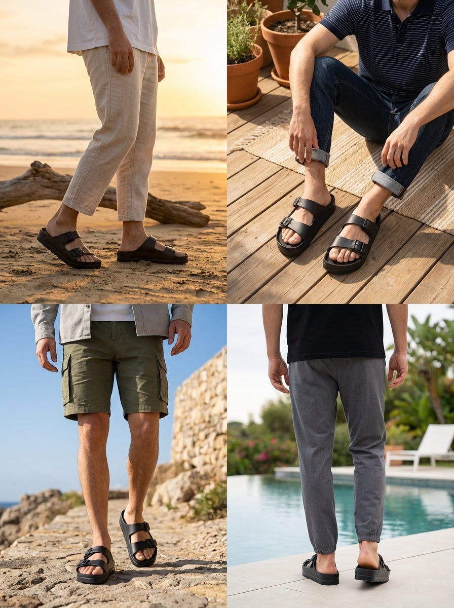 ABYSEA Black Double Buckle Slide Sandals – Comfortable Casual Summer Slippers for Women & Men