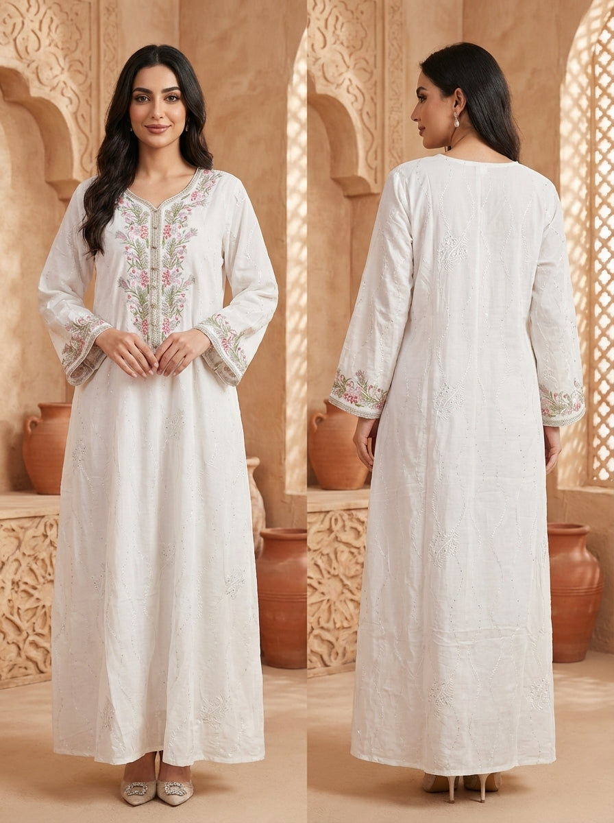 Elegant White Embroidered Maxi Dress for Women FineLook Elegant White Embroidered Maxi Dress for Women FineLook