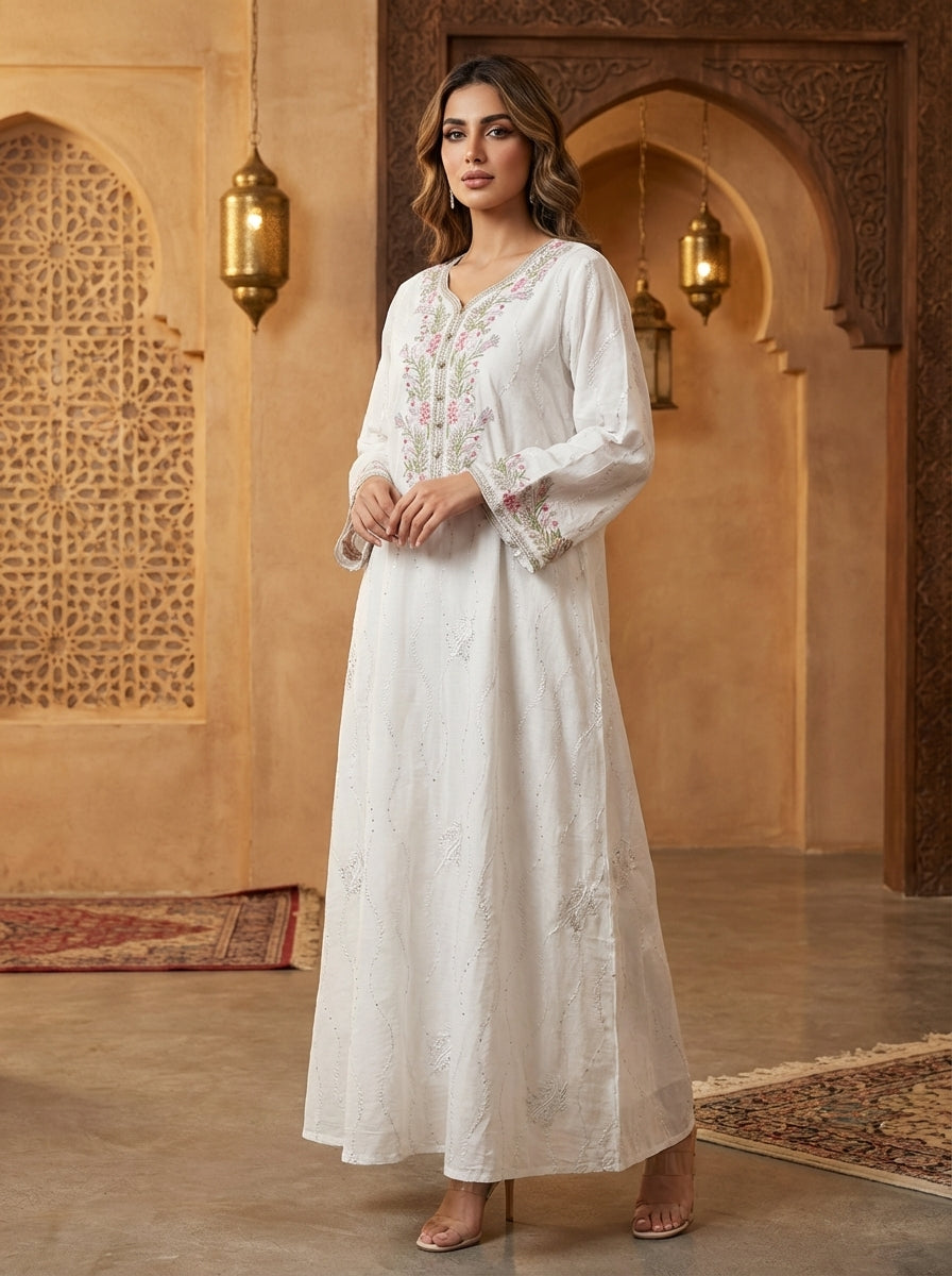 Elegant White Embroidered Maxi Dress for Women – FineLook