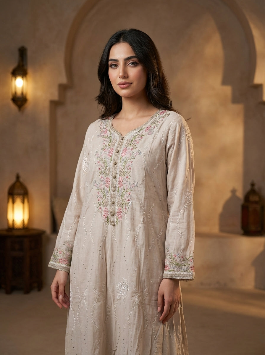 Elegant Cream Embroidered Maxi Dress for Women – FineLook