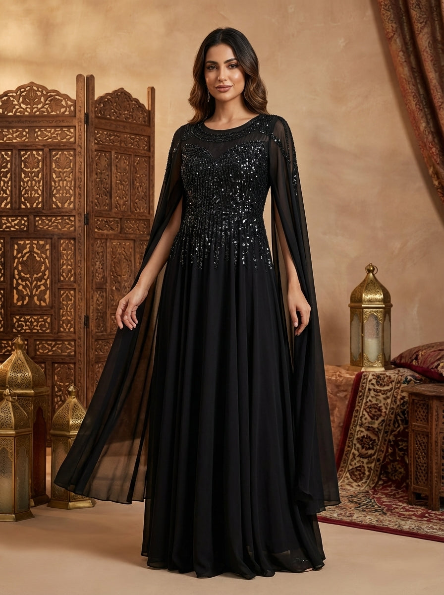 فستان سهرة فاخر مطرّز مع كاب شفاف