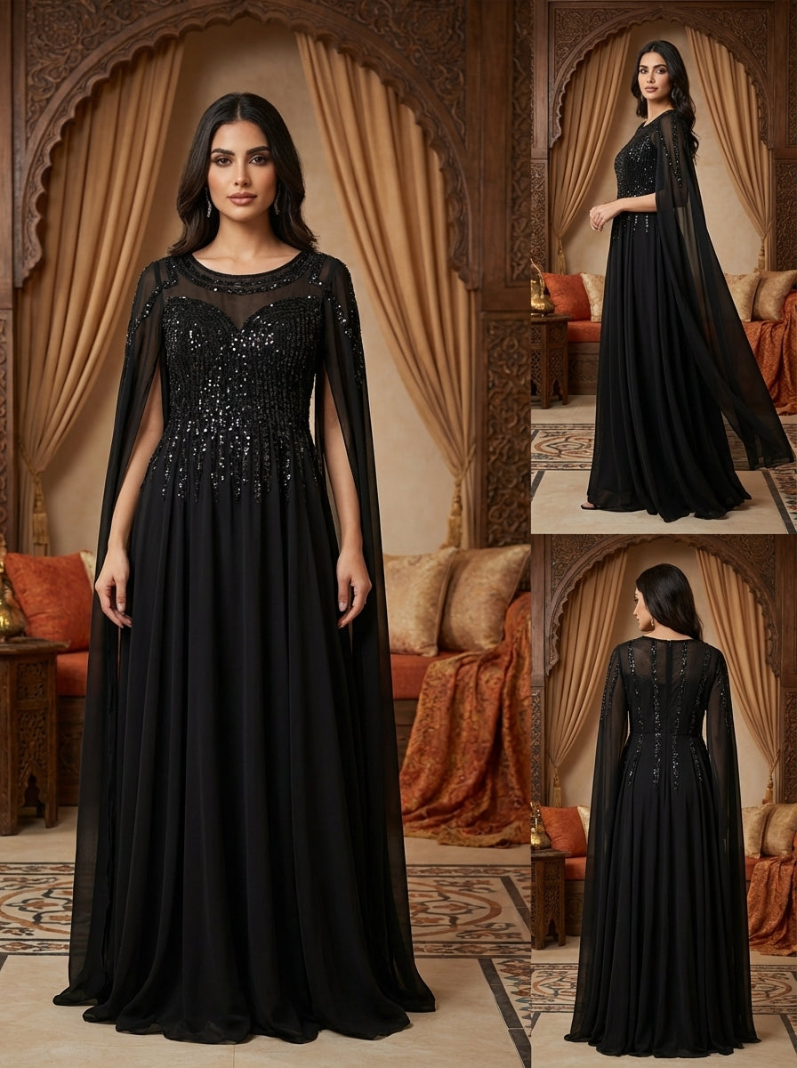 فستان سهرة فاخر مطرّز مع كاب شفاف