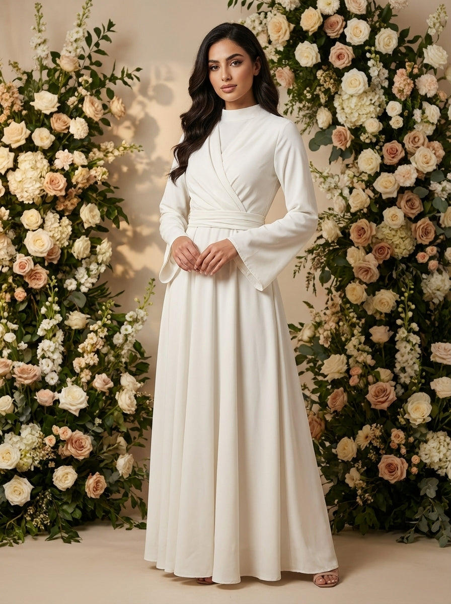 Elegant Modest Long Sleeve Maxi Dress for Women Draped Waist A-Line FineLook Elegant Modest Long Sleeve Maxi Dress for Women Draped Waist A-Line FineLook