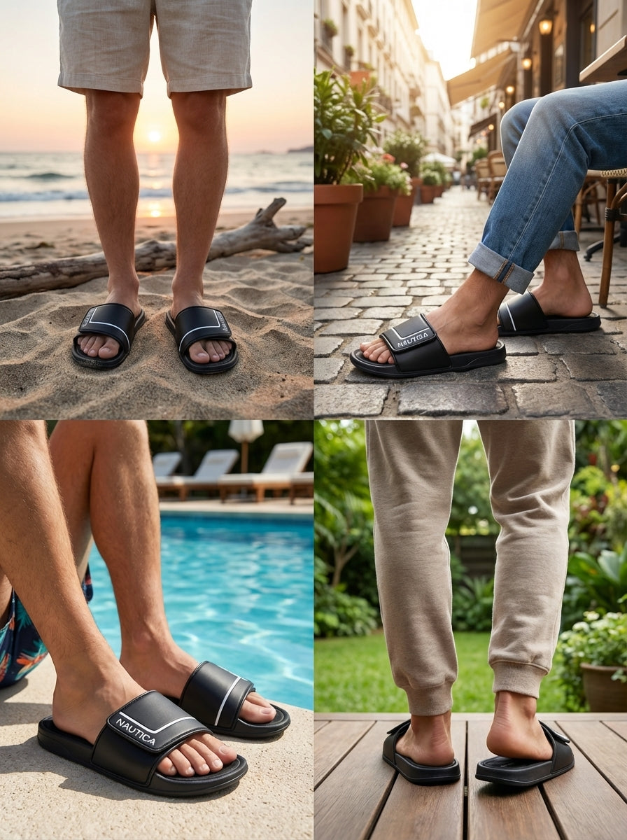 Men Casual Black Slide Sandals – Comfortable Summer Beach & Home Slippers