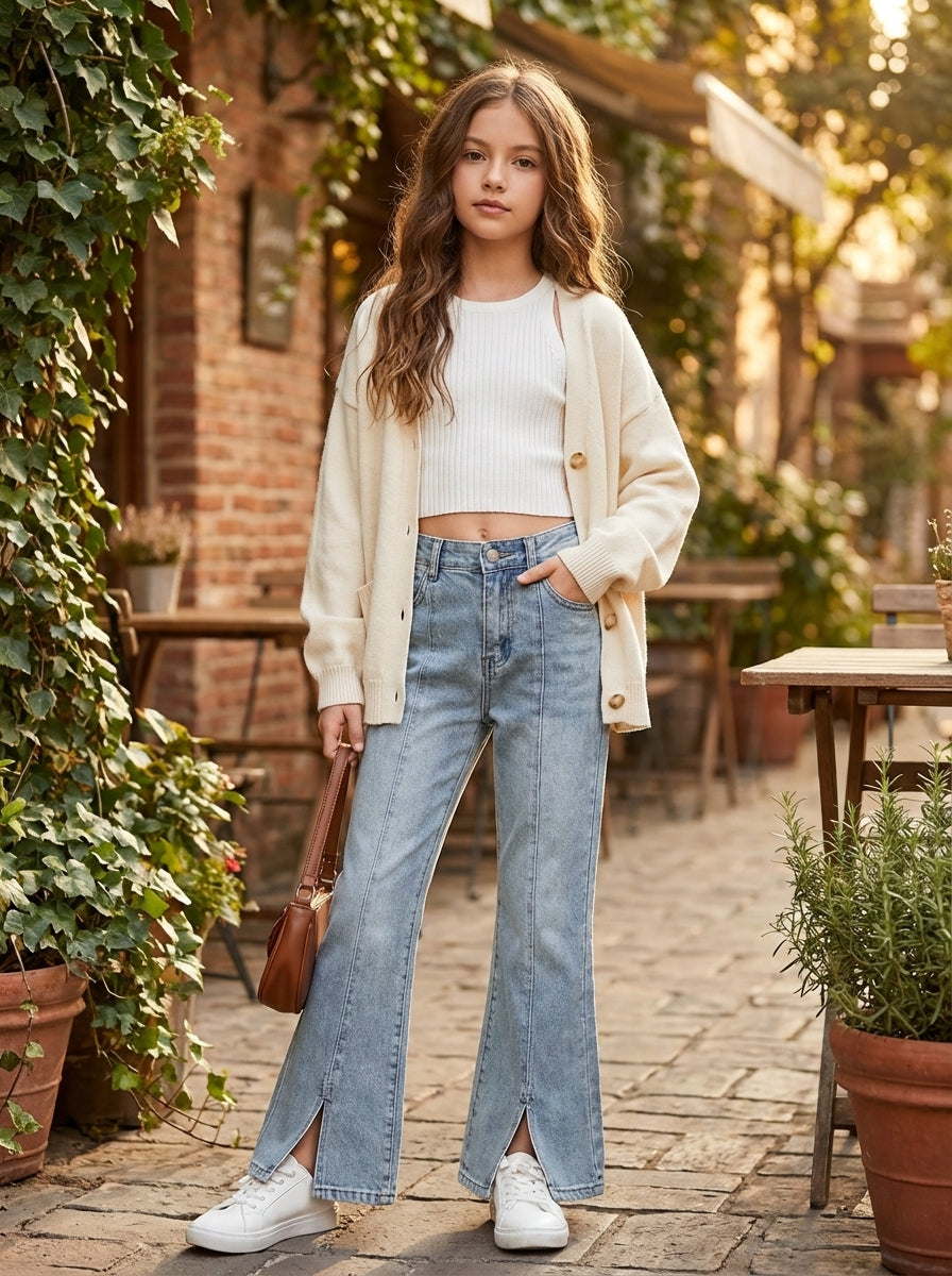 بنطلون جينز للبنات مع خصر مطاطي قابل للتعديل