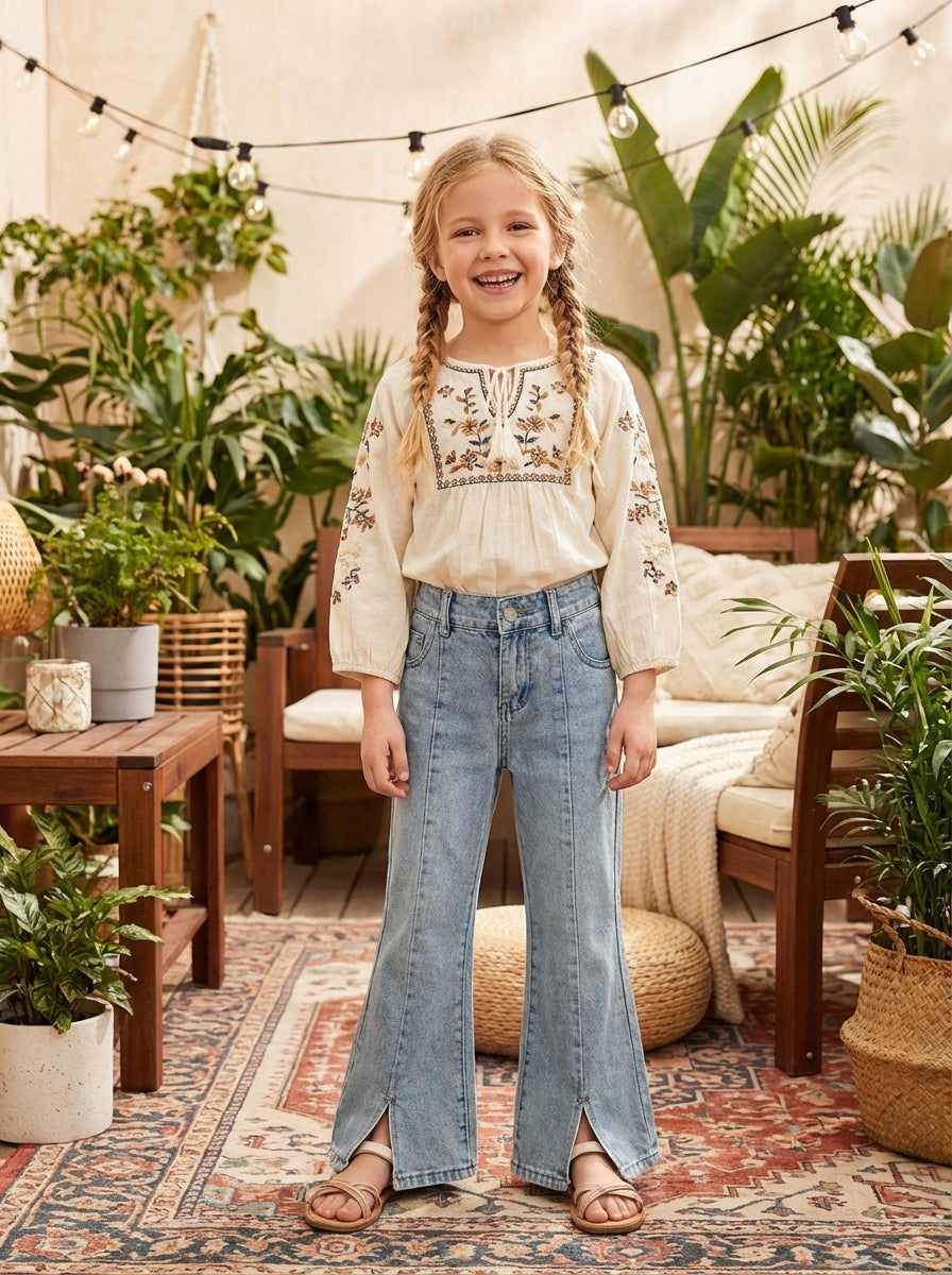 بنطلون جينز للبنات مع خصر مطاطي قابل للتعديل