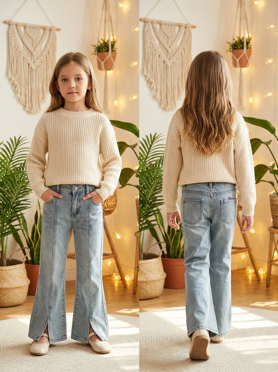 بنطلون جينز للبنات مع خصر مطاطي قابل للتعديل