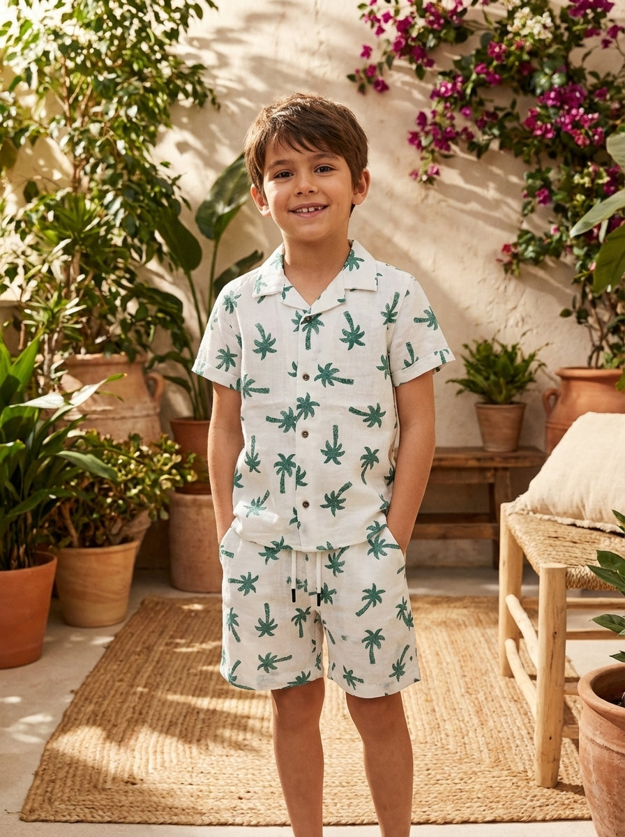 Palm Tree Print Kids Co-ord Set – Short Sleeve Shirt & Elastic Waist Shorts
