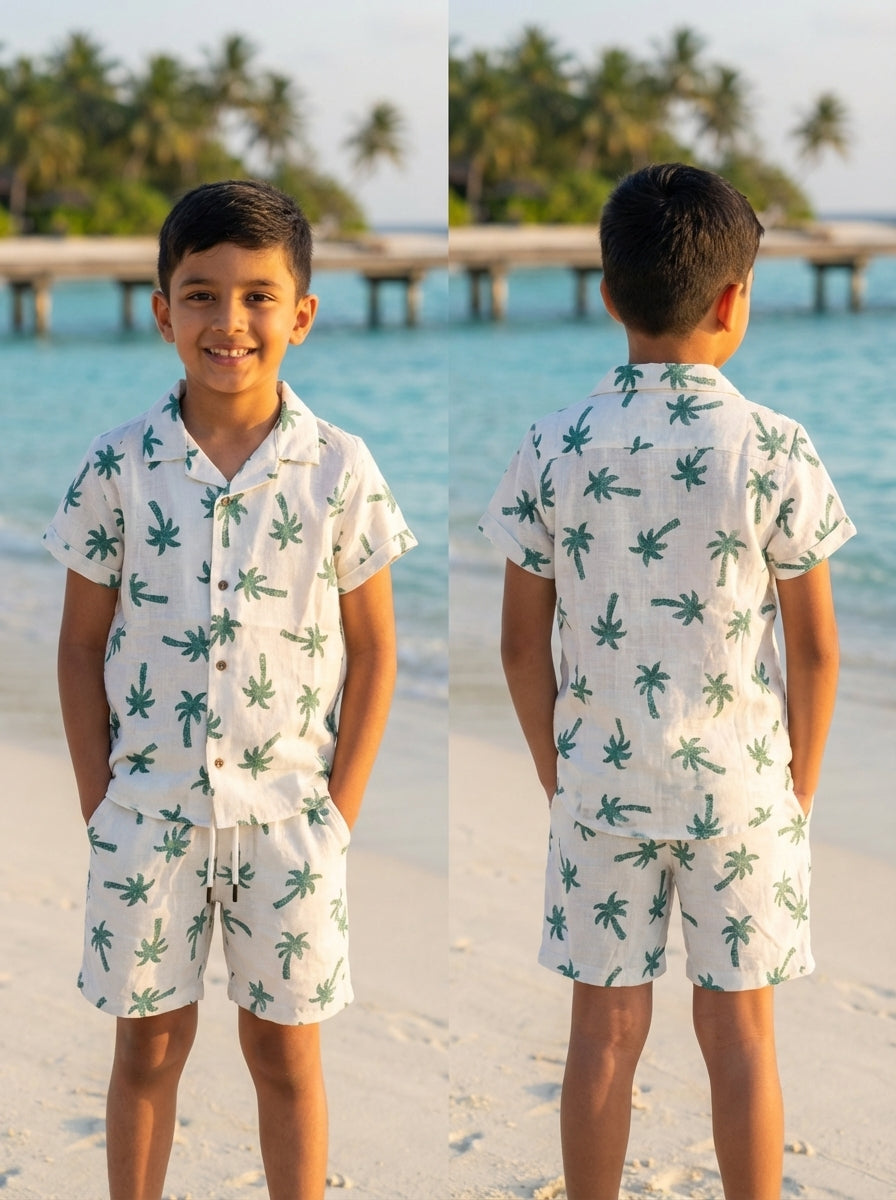 Palm Tree Print Kids Co-ord Set – Short Sleeve Shirt & Elastic Waist Shorts