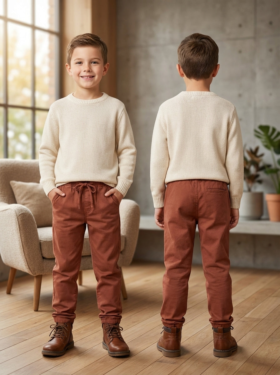 بنطال رياضي بني للأولاد مع أربطة قابلة للتعديل