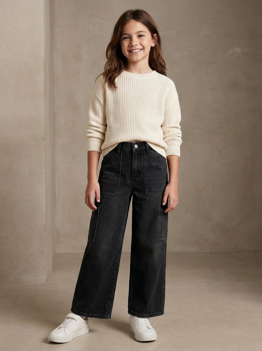 بنطلون جينز واسع الساق للبنات بخصر مطاطي قابل للتعديل وجيوب إضافية