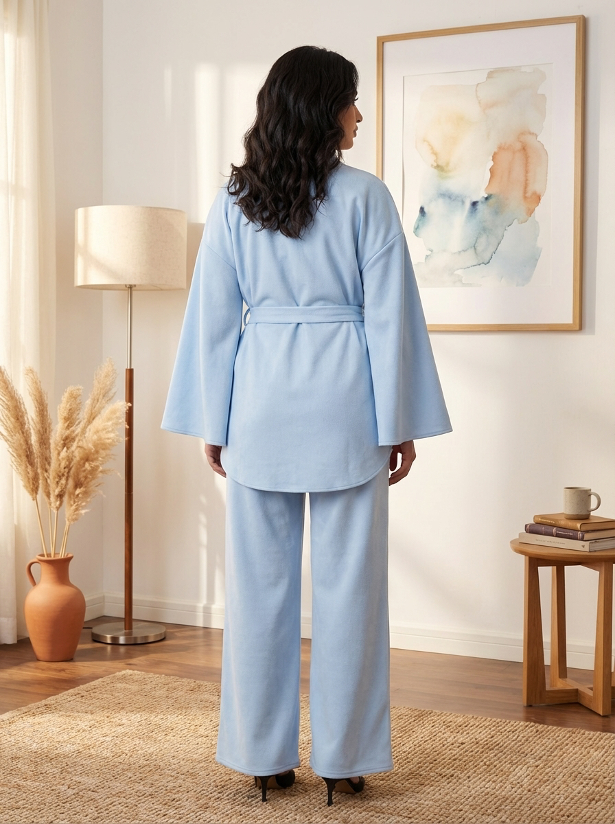 طقم جلد سويدي عصري محتشم للنساء - عباية بياقة عالية وحزام