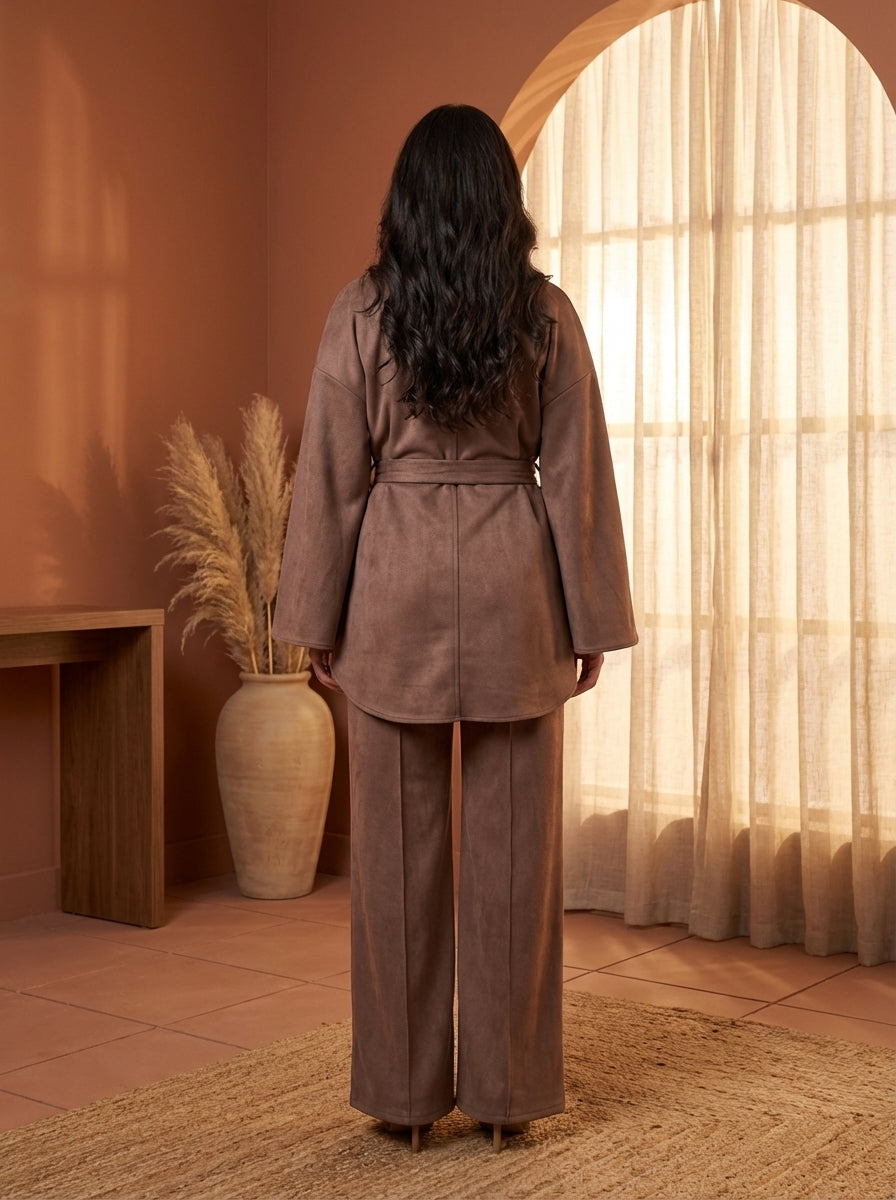 طقم جلد سويدي عصري محتشم للنساء - عباية بياقة عالية وحزام