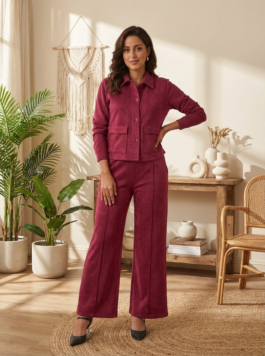 Women’s Suede Two-Piece Set – Button-Up Jacket & Wide-Leg Pants | Modest Elegant Outfit