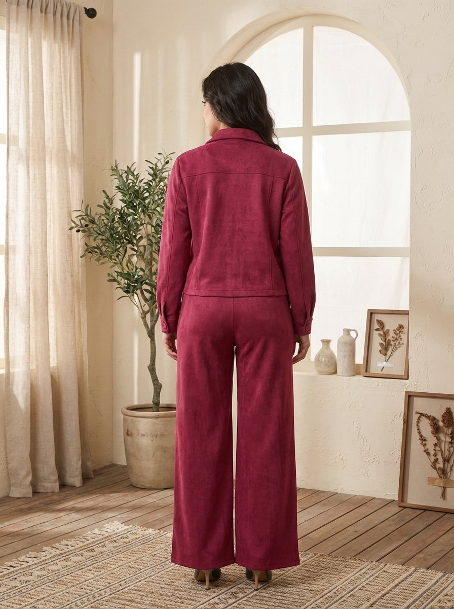 Women’s Suede Two-Piece Set – Button-Up Jacket & Wide-Leg Pants | Modest Elegant Outfit