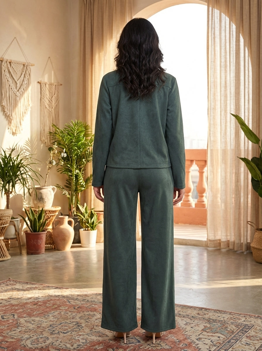 Women’s Suede Two-Piece Set – Button-Up Jacket & Wide-Leg Pants | Modest Elegant Outfit