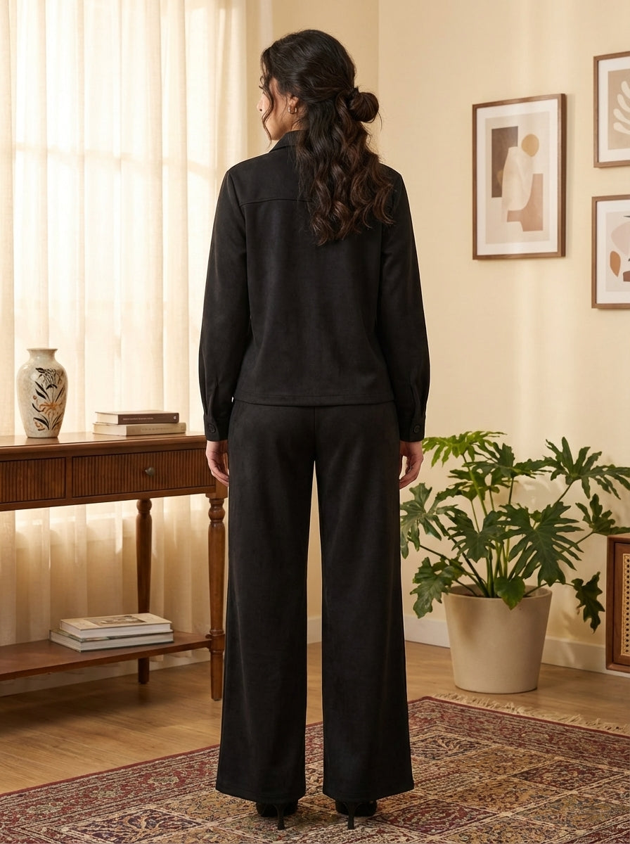 Women’s Suede Two-Piece Set – Button-Up Jacket & Wide-Leg Pants | Modest Elegant Outfit