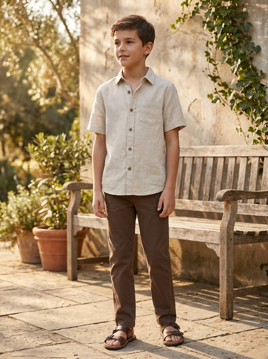 Boys Beige Short Sleeve Shirt – Lightweight Breathable Kids Casual Button-Up Summer Shirt