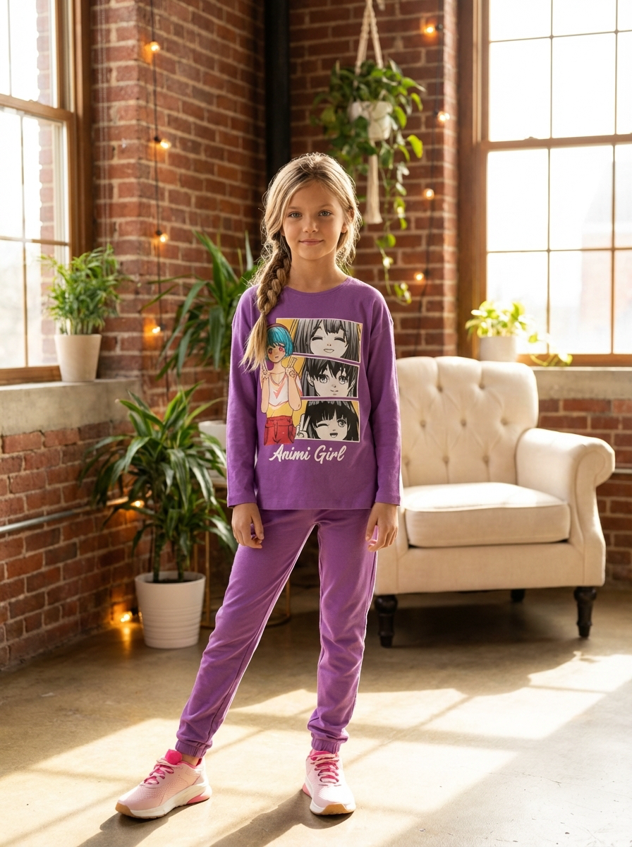 Girl's Anime Print Long Sleeve T-shirt & Bottom Set