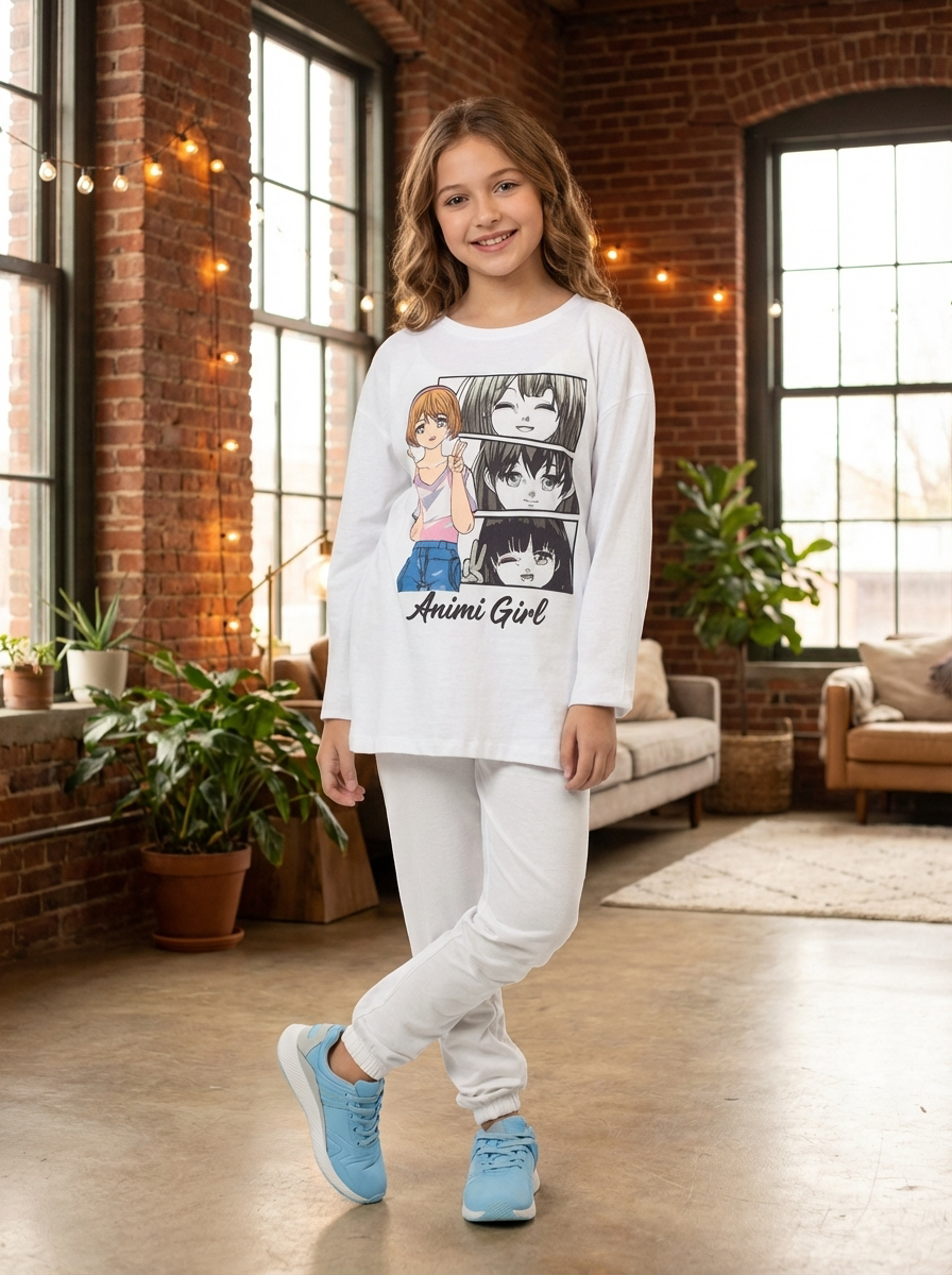 Girl's Anime Print Long Sleeve T-shirt & Bottom Set