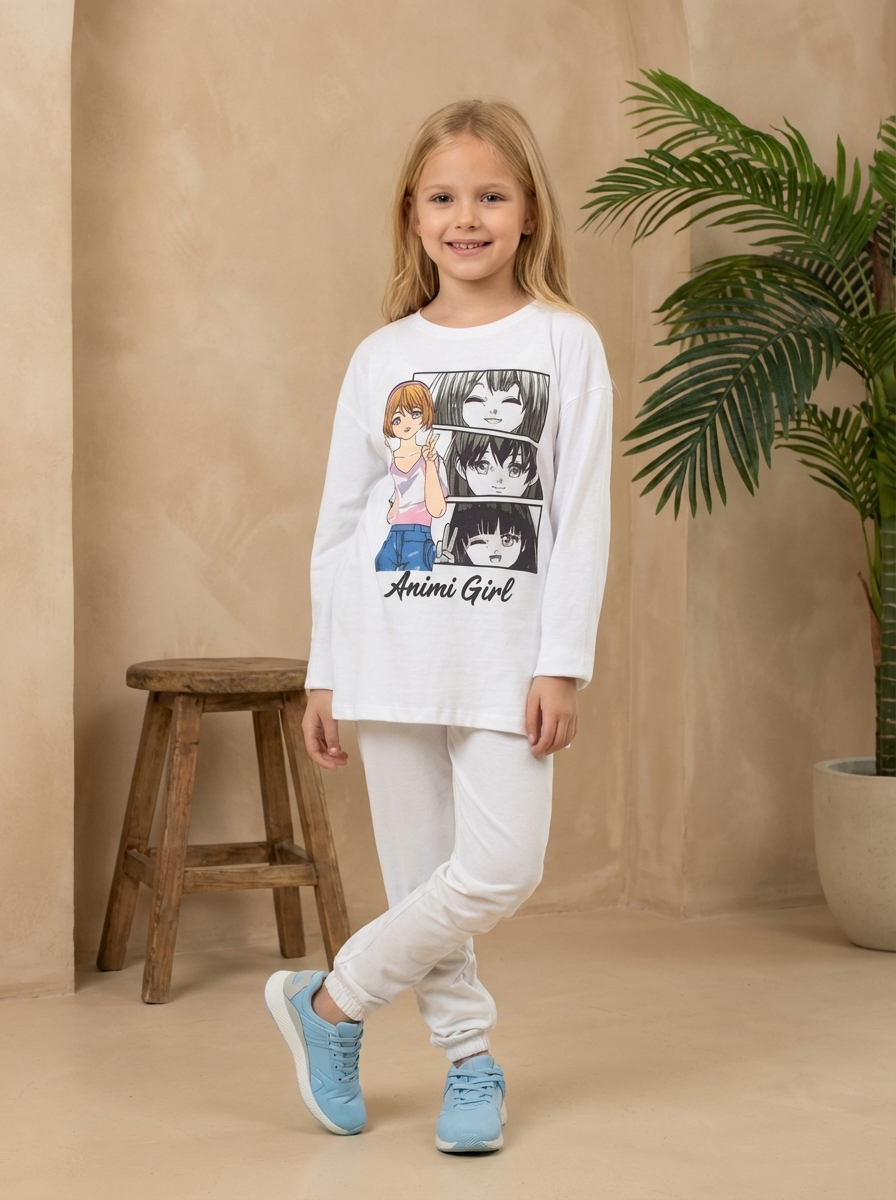 Girl's Anime Print Long Sleeve T-shirt & Bottom Set