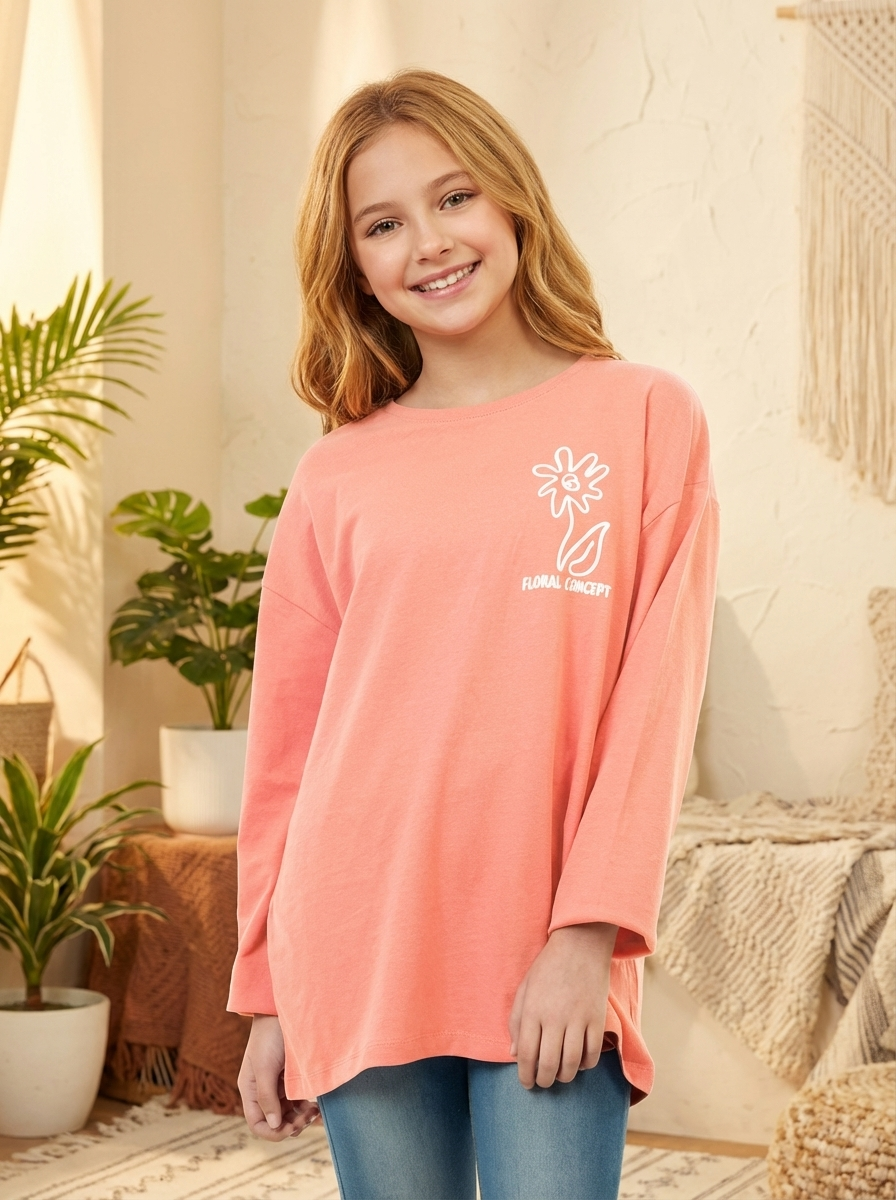 تي شيرت بناتي بأكمام طويلة - فاين لوك