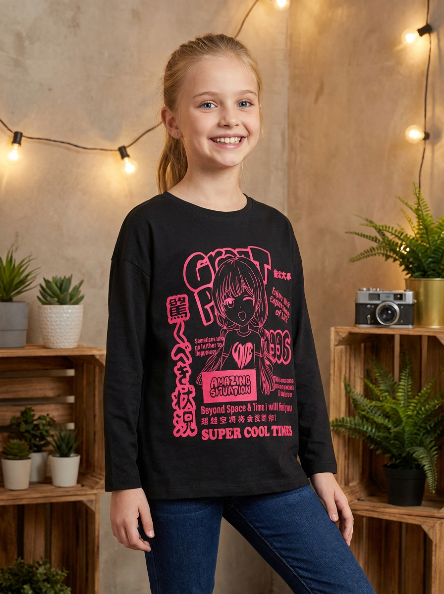 تي شيرت بناتي بأكمام طويلة وكتف منسدلة