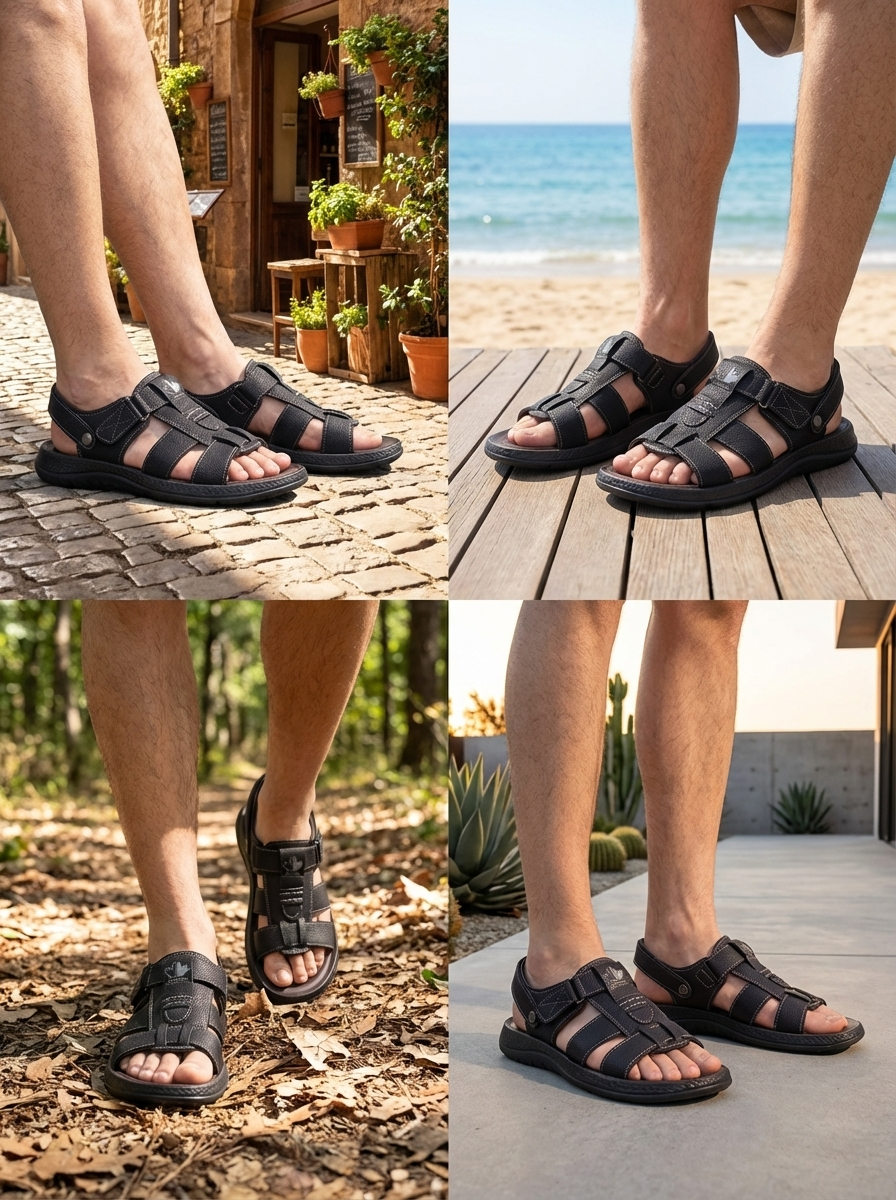Men’s Casual Comfort Black Sandals with Back Strap – Lightweight Everyday Walking Sandals for Summer & Travel