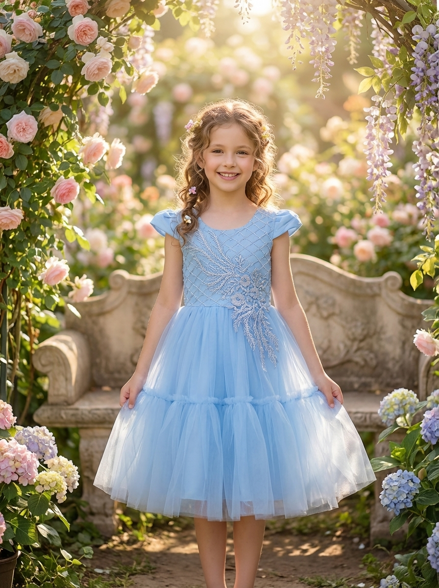 Girls Elegant Party Dress – Blue Embroidered Princess Dress For Special Occasions
