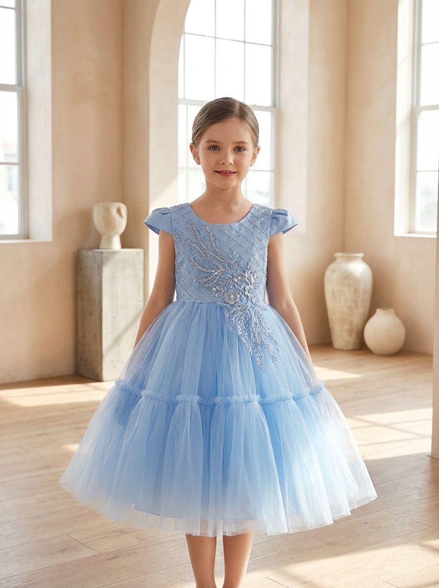 Girls Elegant Party Dress – Blue Embroidered Princess Dress For Special Occasions
