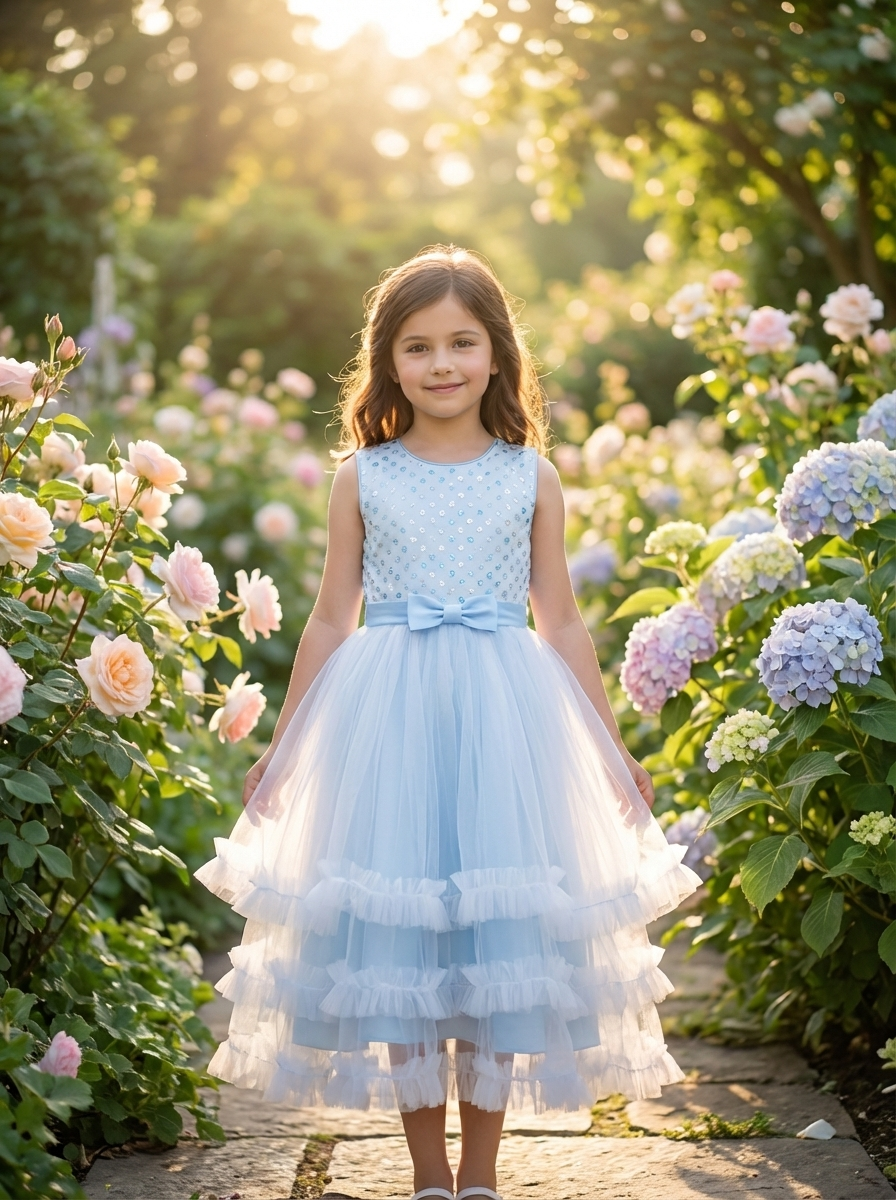 Girls Blue Tulle Party Dress – Elegant Bow Detail Princess Dress for Special Occasions