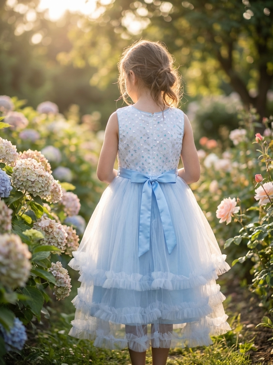 Girls Blue Tulle Party Dress – Elegant Bow Detail Princess Dress for S – FineLook