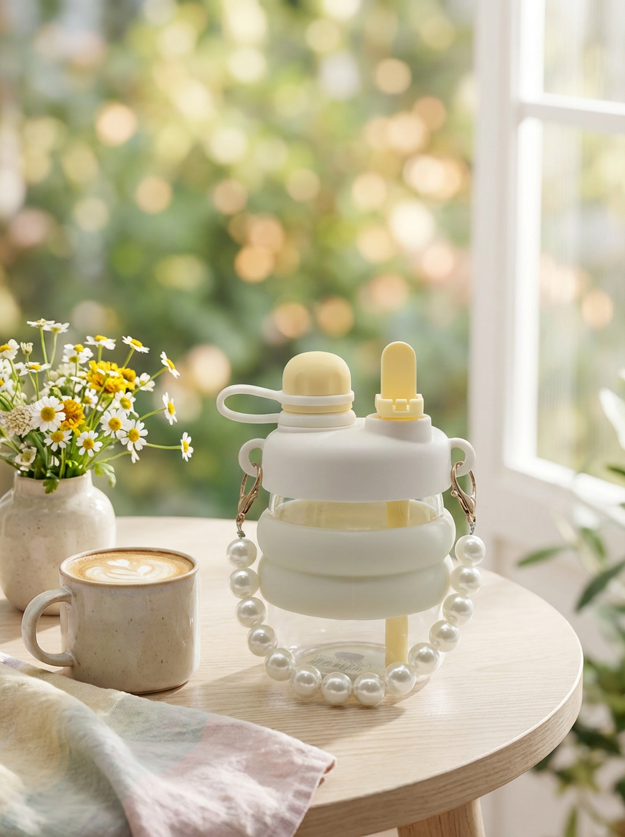 Elegant Pearl Handle Kids Water Bottle with Straw – Leakproof Portable Sipper