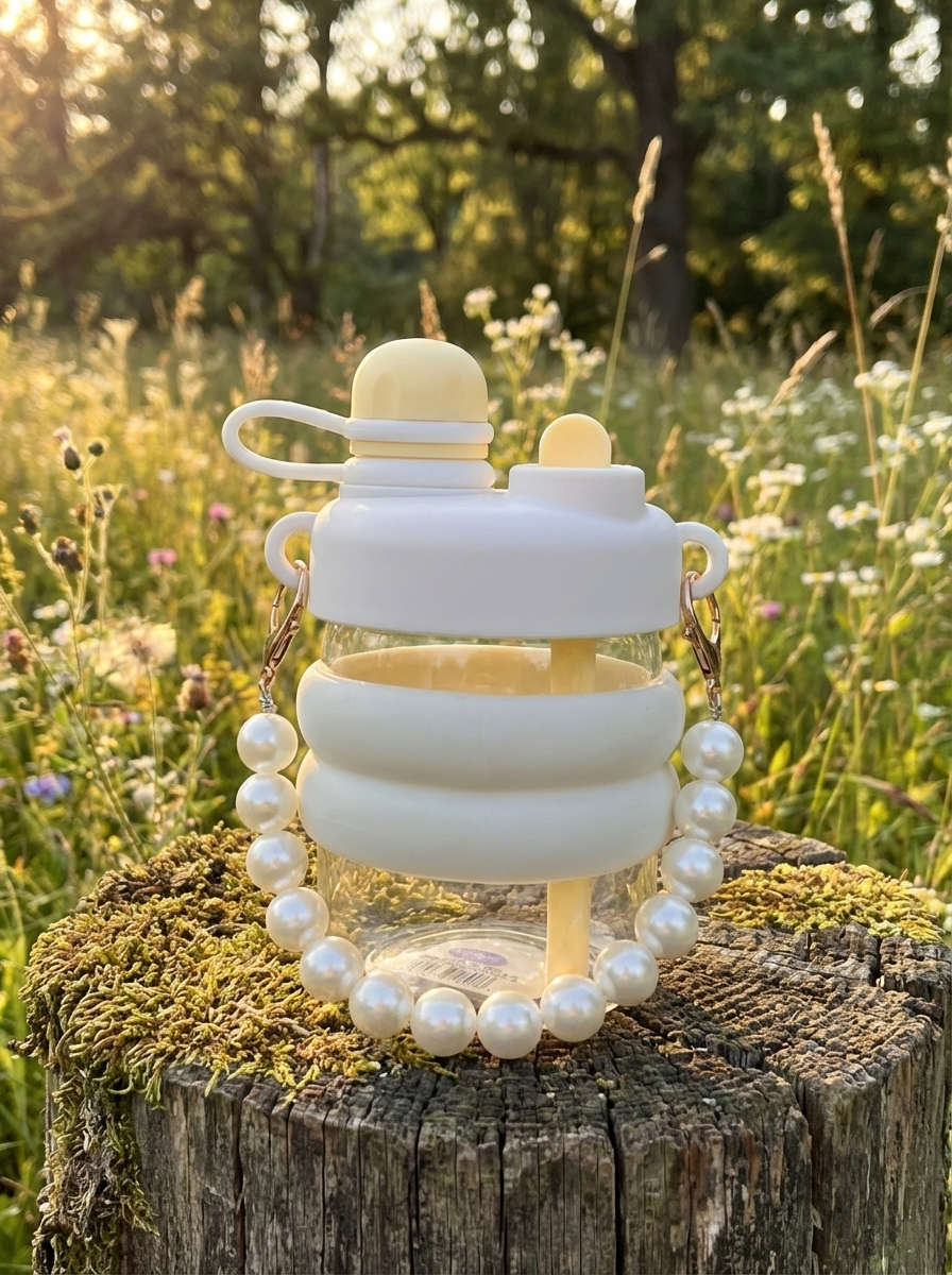 Elegant Pearl Handle Kids Water Bottle with Straw – Leakproof Portable Sipper