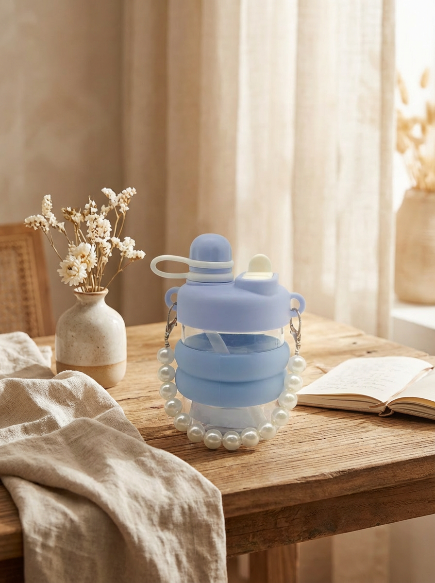 Elegant Pearl Handle Kids Water Bottle with Straw – Leakproof Portable Sipper