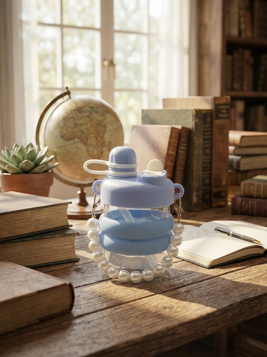 Elegant Pearl Handle Kids Water Bottle with Straw – Leakproof Portable Sipper