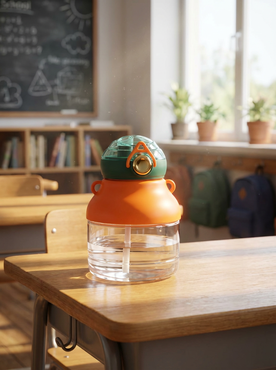 Kids Cartoon Water Bottle with Straw & Strap – Leakproof Portable Drinking Bottle for School & Travel