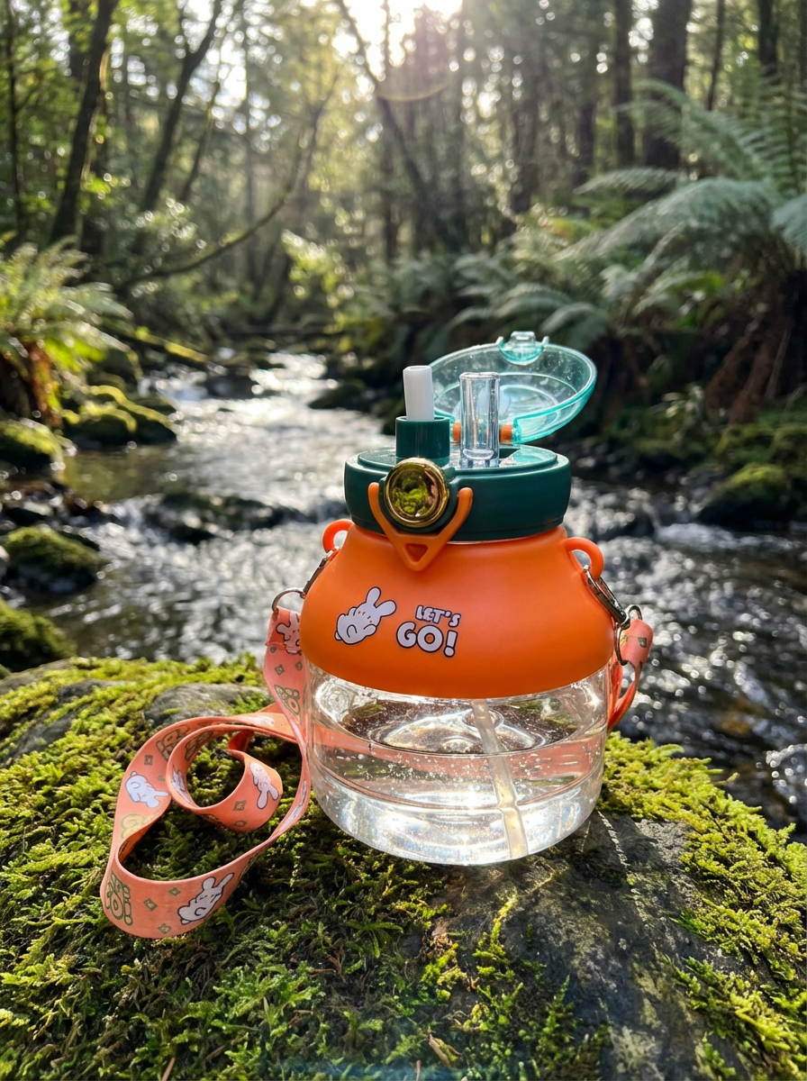 Kids Cartoon Water Bottle with Straw & Strap – Leakproof Portable Drinking Bottle for School & Travel