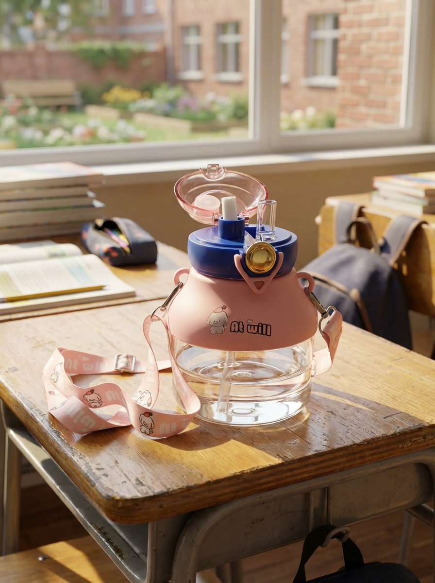 Kids Cartoon Water Bottle with Straw & Strap – Leakproof Portable Drinking Bottle for School & Travel