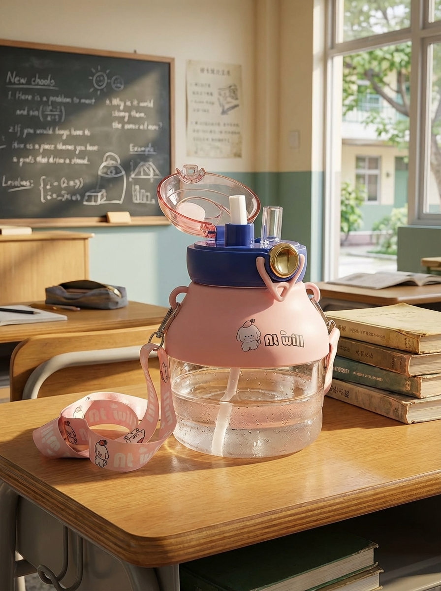 Kids Cartoon Water Bottle with Straw & Strap – Leakproof Portable Drinking Bottle for School & Travel