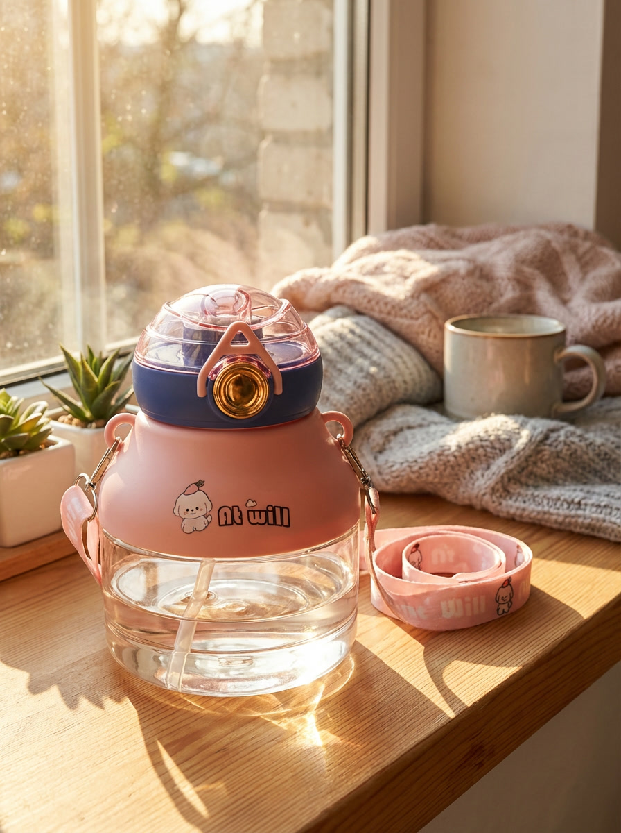 Kids Cartoon Water Bottle with Straw & Strap – Leakproof Portable Drinking Bottle for School & Travel