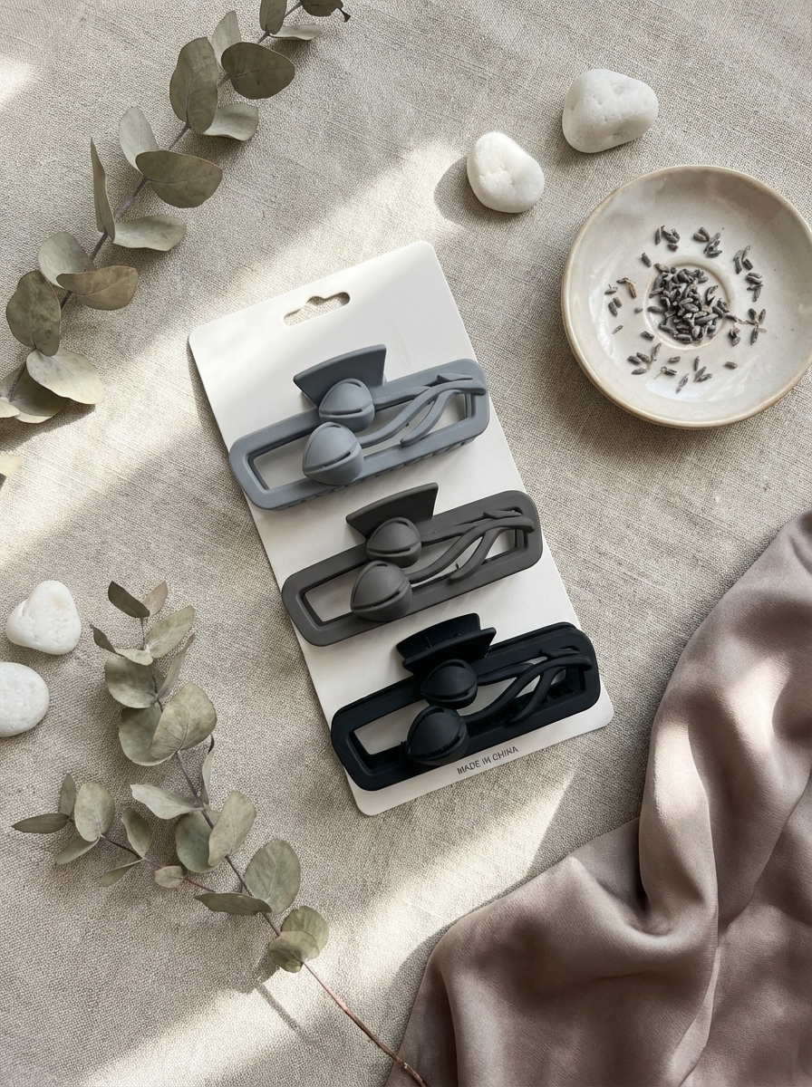 Matte Tulip Floral Rectangular Hair Claw Clip Set | 3-Piece Muted Tones Minimalist Hair Accessories