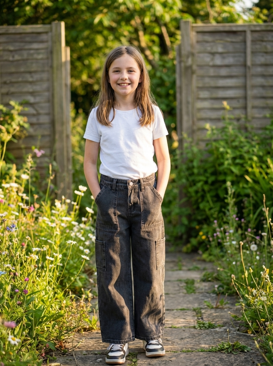 Girls' Wide-Leg Cargo Jeans | Dark Grey Relaxed Fit Patch Pocket Denim