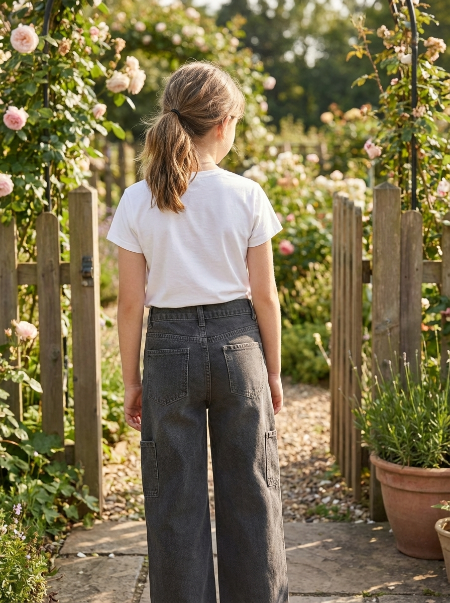 Girls' Wide-Leg Cargo Jeans | Dark Grey Relaxed Fit Patch Pocket Denim