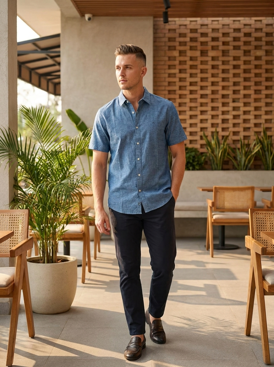 Men’s Classic Linen-Blend Short Sleeve Shirt | Chambray Blue