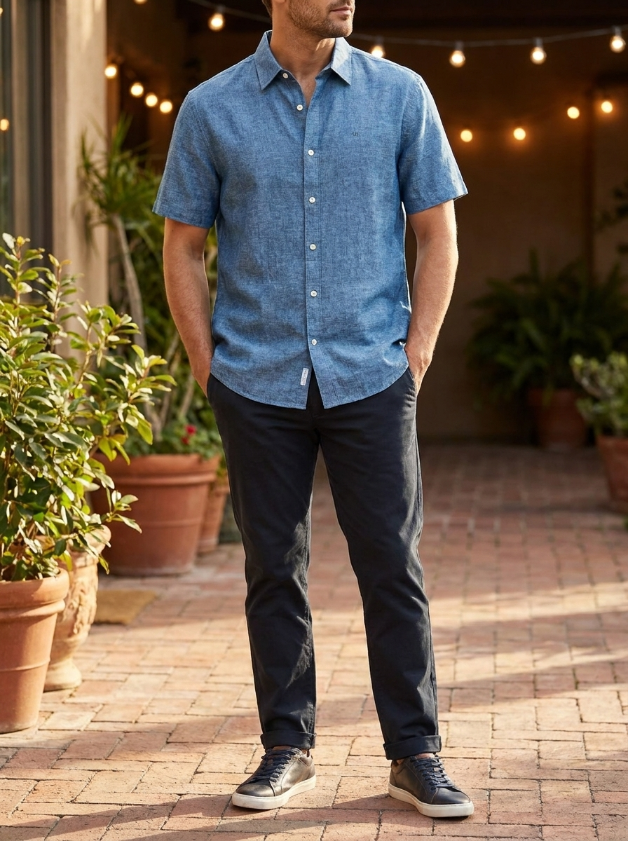 Men’s Classic Linen-Blend Short Sleeve Shirt | Chambray Blue
